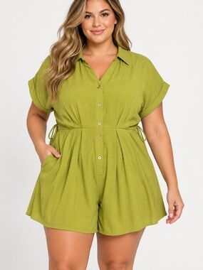 Fashion Nova Lila Belted Romper 2” inseam chartreuse green women’s Plus Size 1X